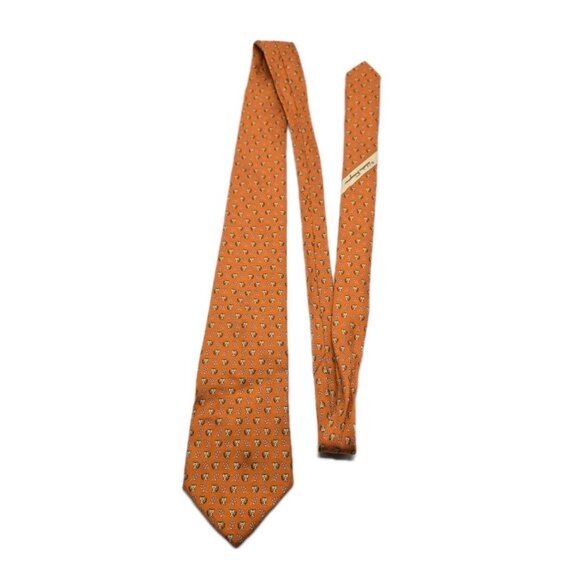 SALVATORE FERRAGAMO Made in Italy TIGER All Over Print Orange Silk Necktie Tie - Picture 2 of 7